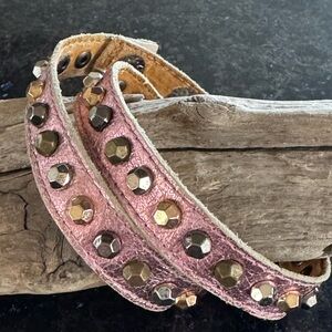 Punk Rocker Leather Wrap Bracelet – Pink Metallic, Crystal Accents